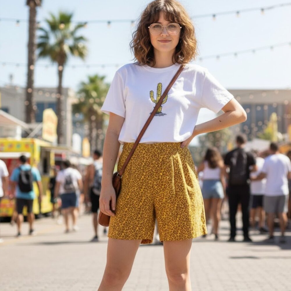 Cute vintage shorts yellow with red paisley design side zip